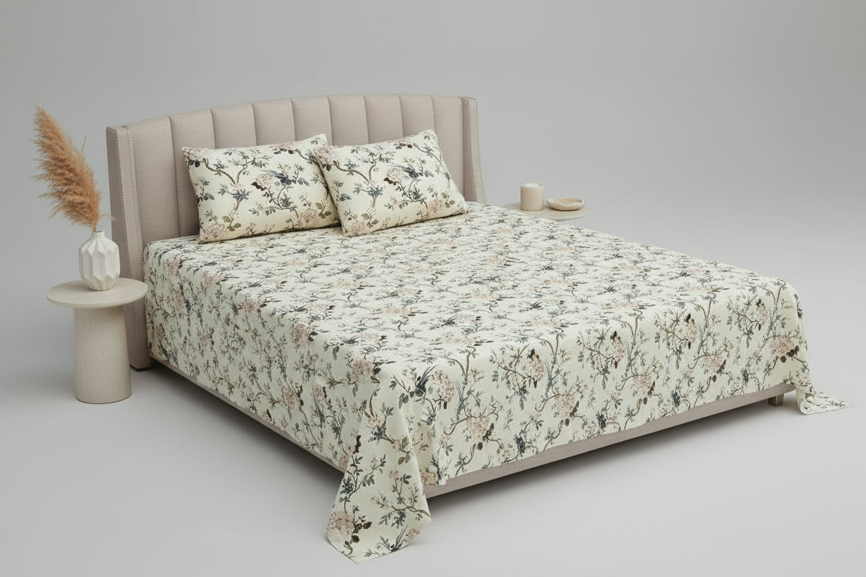 Blush Magnolia Bird Garden – Super King Size Bedsheet (274 x 274 cm) | 100% Jaipuri Cotton | Includes 2 Pillow Covers