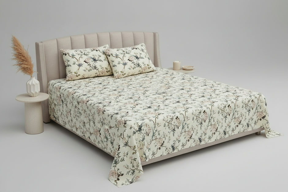 Blush Magnolia Bird Garden – Super King Size Bedsheet (274 x 274 cm) | 100% Jaipuri Cotton | Includes 2 Pillow Covers