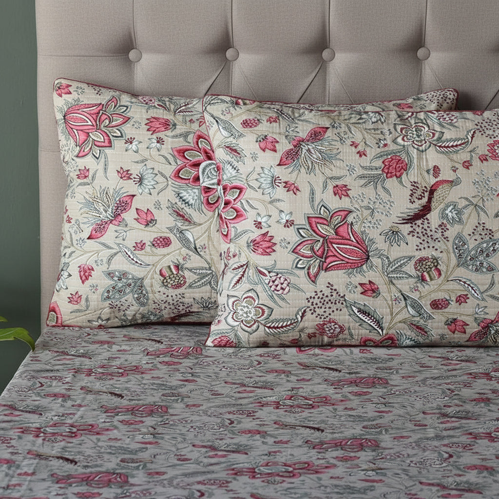 Floral Bird Elegance – Super King XL Size Bedsheet (270 × 290 cm) | 100% Jaipuri Cotton | Includes 4 Pillow Covers