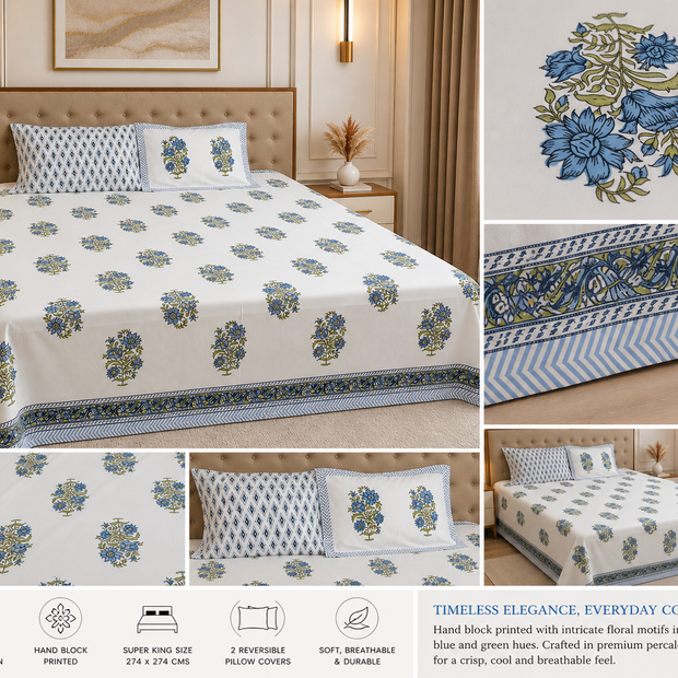 Azure Bloom – Super King Size Bedsheet (274 x 274 cm) | 100% Percale Cotton | Includes 2 Reversible Pillow Covers