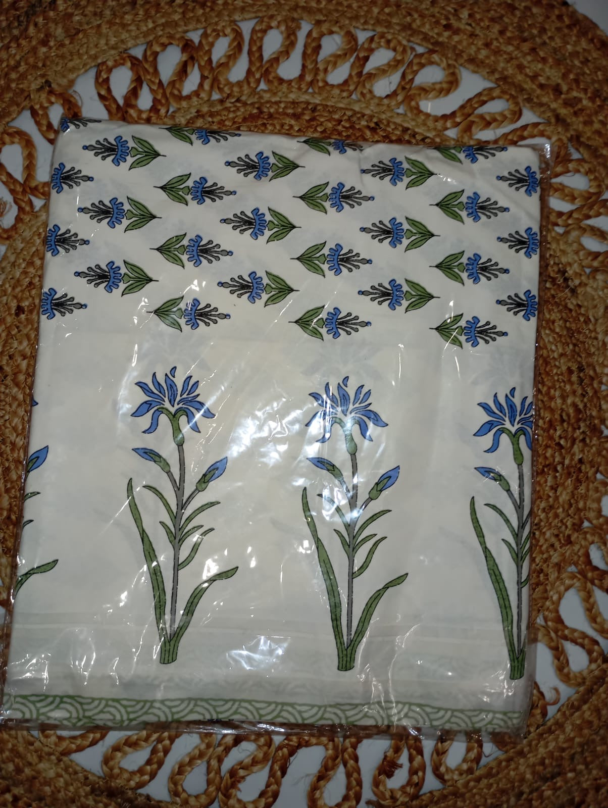Blue Blossom Garden - Hand Block Print – Super King Size Bedsheet (274 x 274 cm) | 100% Jaipuri Cotton | Includes 2 Pillow Covers