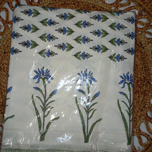 Blue Blossom Garden - Hand Block Print – Super King Size Bedsheet (274 x 274 cm) | 100% Jaipuri Cotton | Includes 2 Pillow Covers