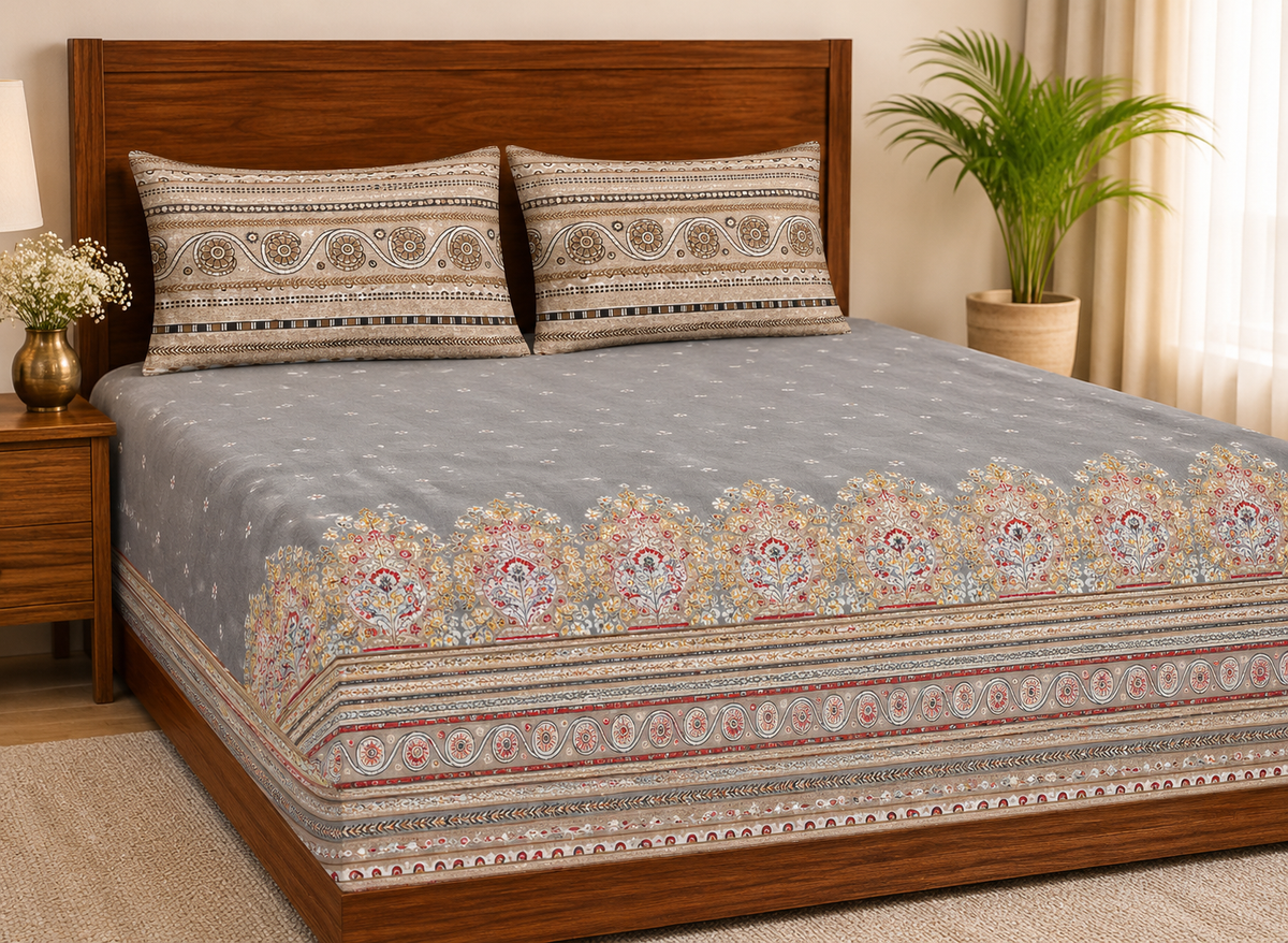 Grey Heritage Mandala – Super King Fitted Bedsheet (210 × 200 cm) | 100% Percale Cotton | 400 Thread Count | Includes 2 Pillow Covers