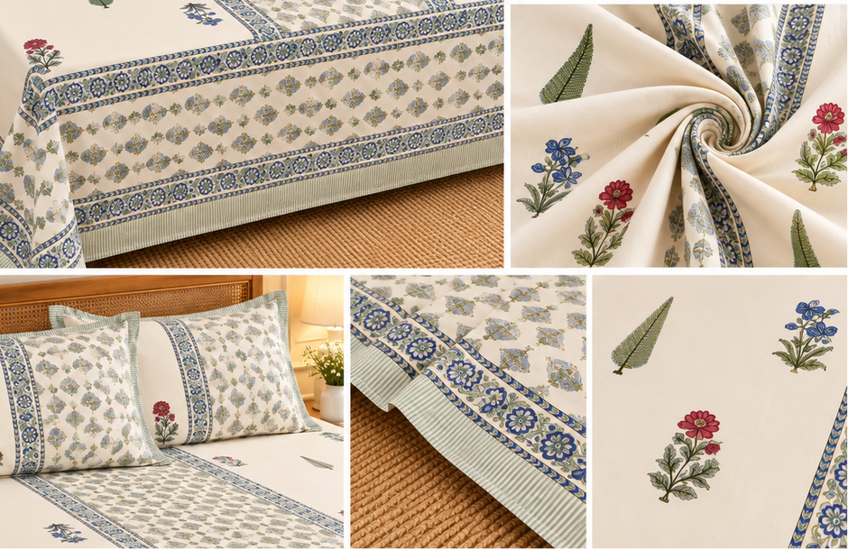 Ivory Cream Gulbahar Garden – Super King Size Bedsheet (274 × 274 cm) | Jaipuri Cotton | Includes 2 Pillow Covers