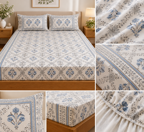 Blue Heritage Bloom – Fitted Bedsheet (210 × 200 cm)