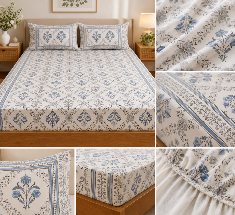 Blue Heritage Bloom – Fitted Bedsheet (210 × 200 cm) | 100% Tencel Cotton | 400 Thread Count
