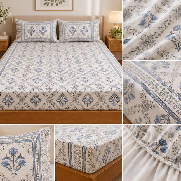 Blue Heritage Bloom – Fitted Bedsheet (210 × 200 cm) | 100% Tencel Cotton | 400 Thread Count