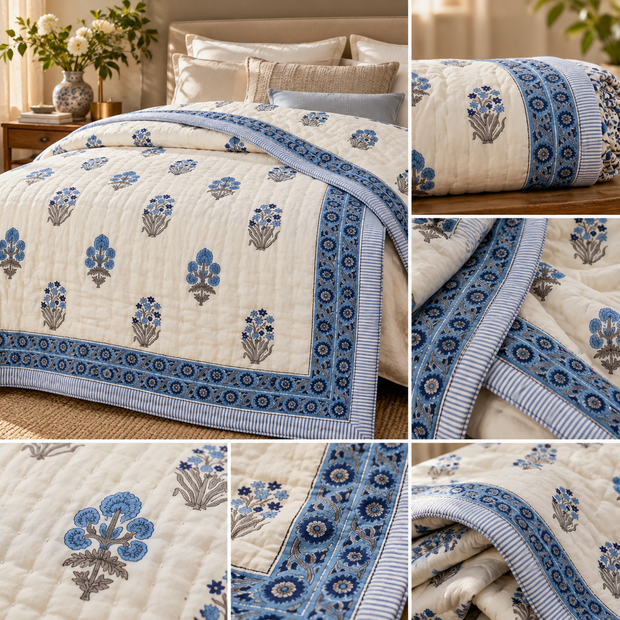 Blue Garden Trellis – King Size Muslin Cotton Razai | Surgical Cotton Filling | Hand Stitched | 1 Piece