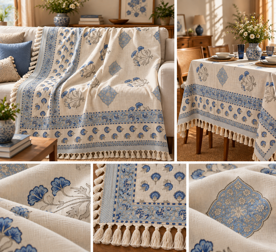 Blue Heritage Garden Jute Slub Cotton Block Printed Multi-Use Throw