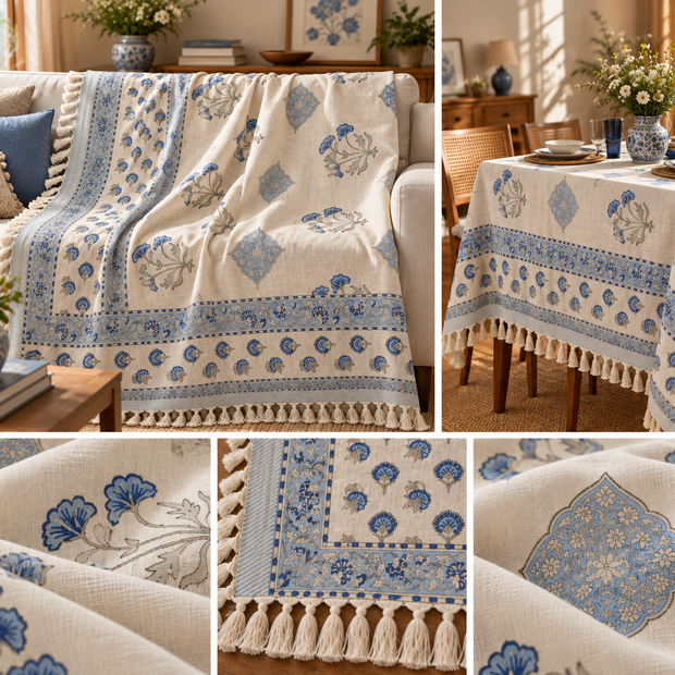 Blue Heritage Garden Jute Slub Cotton Block Printed Multi-Use Throw – 175 × 130 cm | Sofa Throw, Table Cloth ; Decorative Home Layer