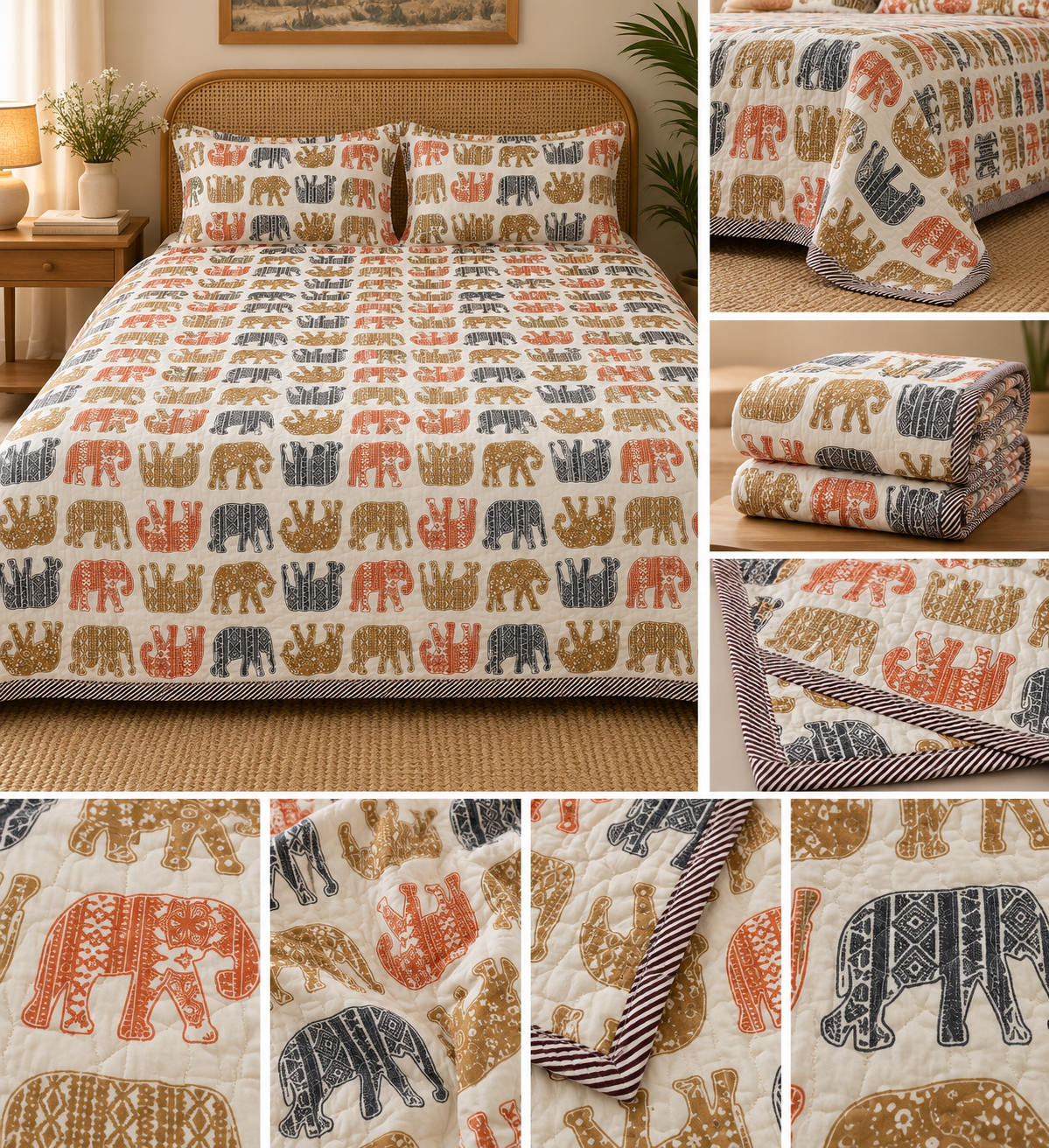 Desert Elephant Parade Quilted Bedspread with 2 Pillow Covers – King Size (90 × 102 inches / 229 × 259 cm) | 3-Piece Bedding Set