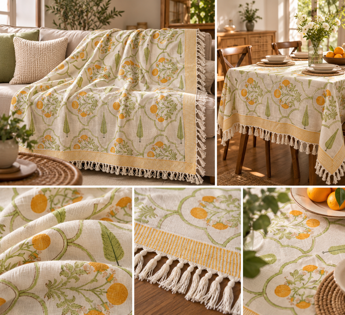 Citrus Garden Jute Slub Cotton Block Printed Multi-Use Throw – 175 × 130 cm | Sofa Throw / Table Cloth / Decorative Home Layer