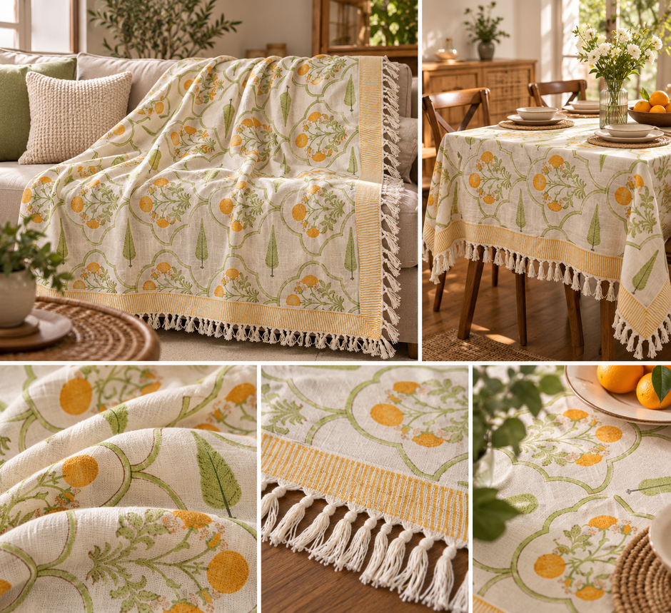 Citrus Garden Jute Slub Cotton Block Printed Multi-Use Throw – 175 × 130 cm | Sofa Throw / Table Cloth / Decorative Home Layer