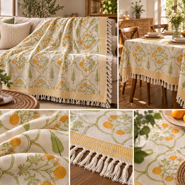 Citrus Garden Jute Slub Cotton Block Printed Multi-Use Throw – 175 × 130 cm | Sofa Throw / Table Cloth / Decorative Home Layer