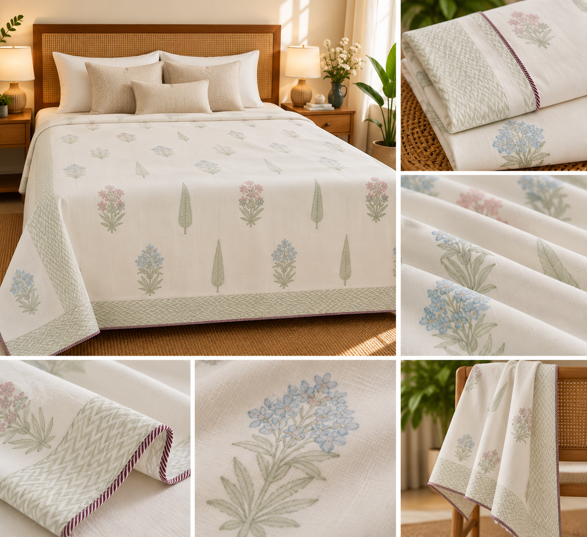 Muslin Luxe Collection – Blue Blush Botanical Muslin Dohar – Standard King Size (240 × 260 cm / 90 × 102 inches) | Muslin Cotton Outer Layer | Lightweight All-Season Comfort