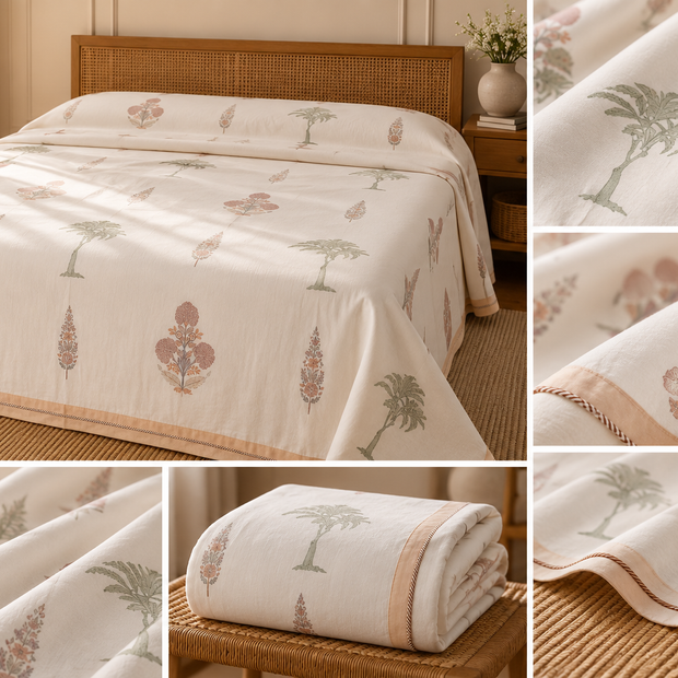Muslin Luxe Collection – Desert Bloom Botanical Muslin Dohar – Standard King Size (240 × 260 cm / 90 × 102 inches) | Muslin Cotton Outer Layer | Lightweight All-Season Comfort
