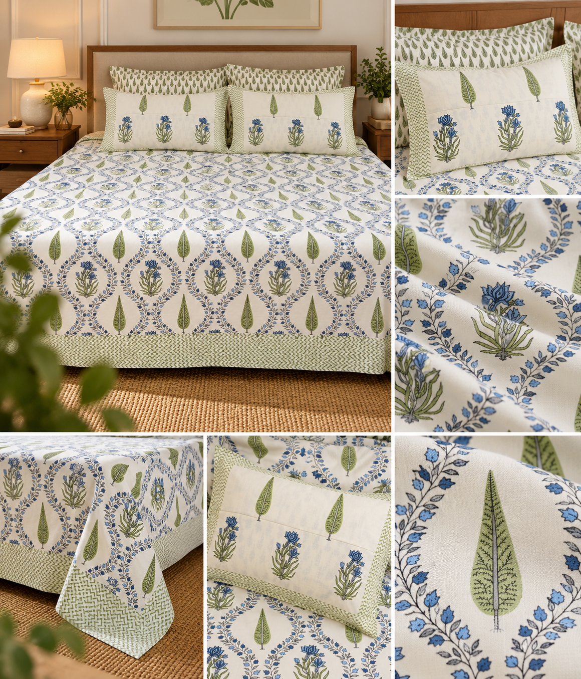 Indigo Meadow Floral – Super King Size Bedsheet | 100% Pure Cotton | Botanical Vine Print | 2 Pillow Covers