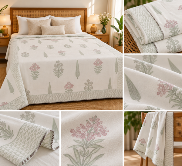 Muslin Luxe Collection – Blush Sage Botanical Muslin Dohar – Standard King Size (240 × 260 cm / 90 × 108 inches)