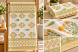Kesari Bagh hand block printed cotton waffle bath towel in mustard yellow and sage green, 145 x 70 cm