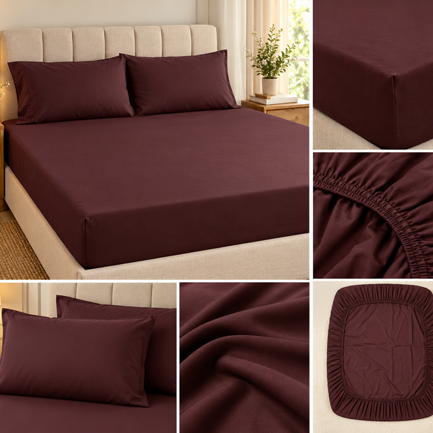 Midnight Merlot 400 TC Tencel Cotton Fitted Bedsheet Set – 210 × 200 cm | 30 cm Deep Pocket | 3-Piece Set