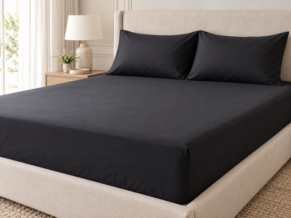Midnight Noir – Super King Size Fitted Bedsheet (210 × 200 cm) | 100% Cotton | 30 cm Depth | Includes 2 Plain Pillow Covers