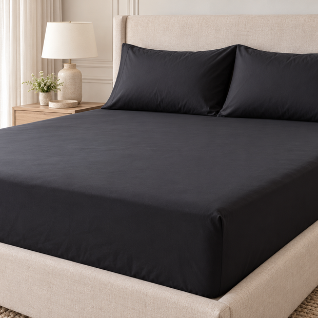 Midnight Noir – Super King Size Fitted Bedsheet (210 × 200 cm) | 100% Cotton | 30 cm Depth | Includes 2 Plain Pillow Covers