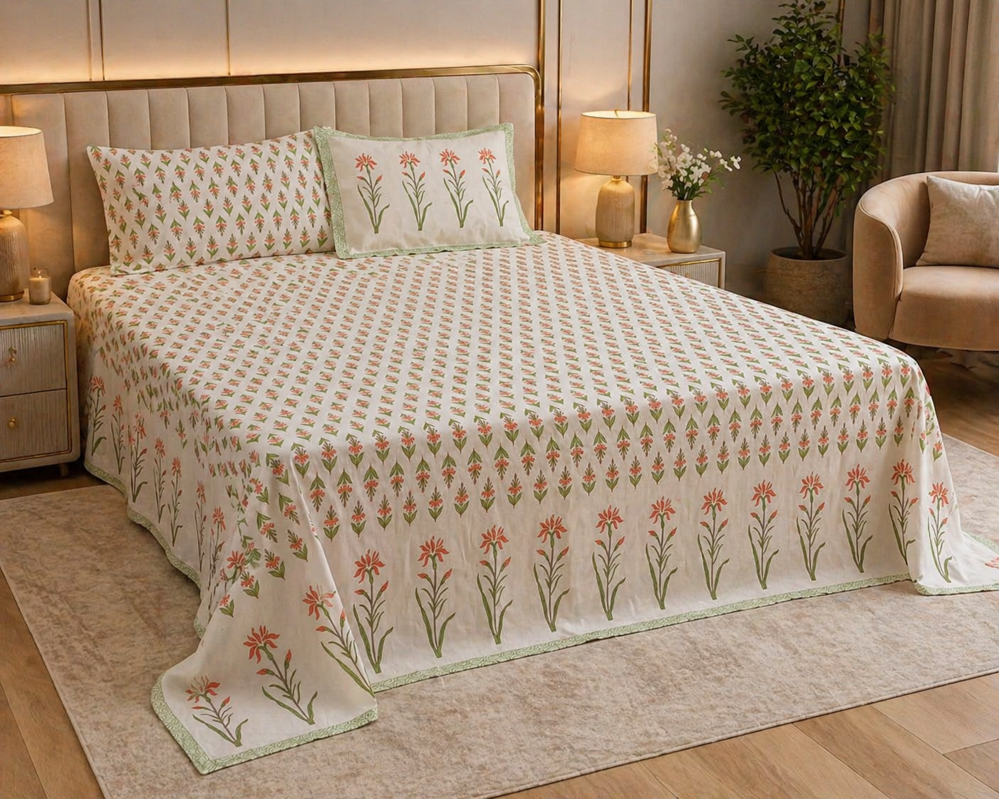 Blush Meadow – Block Print - Super King Size Bedsheet (274 x 274 cm) | 100% Jaipuri Cotton | Includes 2 Pillow Covers