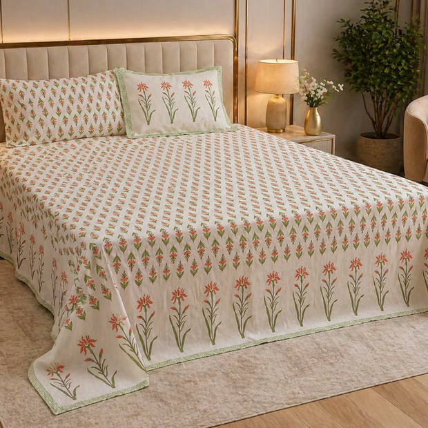 Blush Meadow – Block Print - Super King Size Bedsheet (274 x 274 cm) | 100% Jaipuri Cotton | Includes 2 Pillow Covers