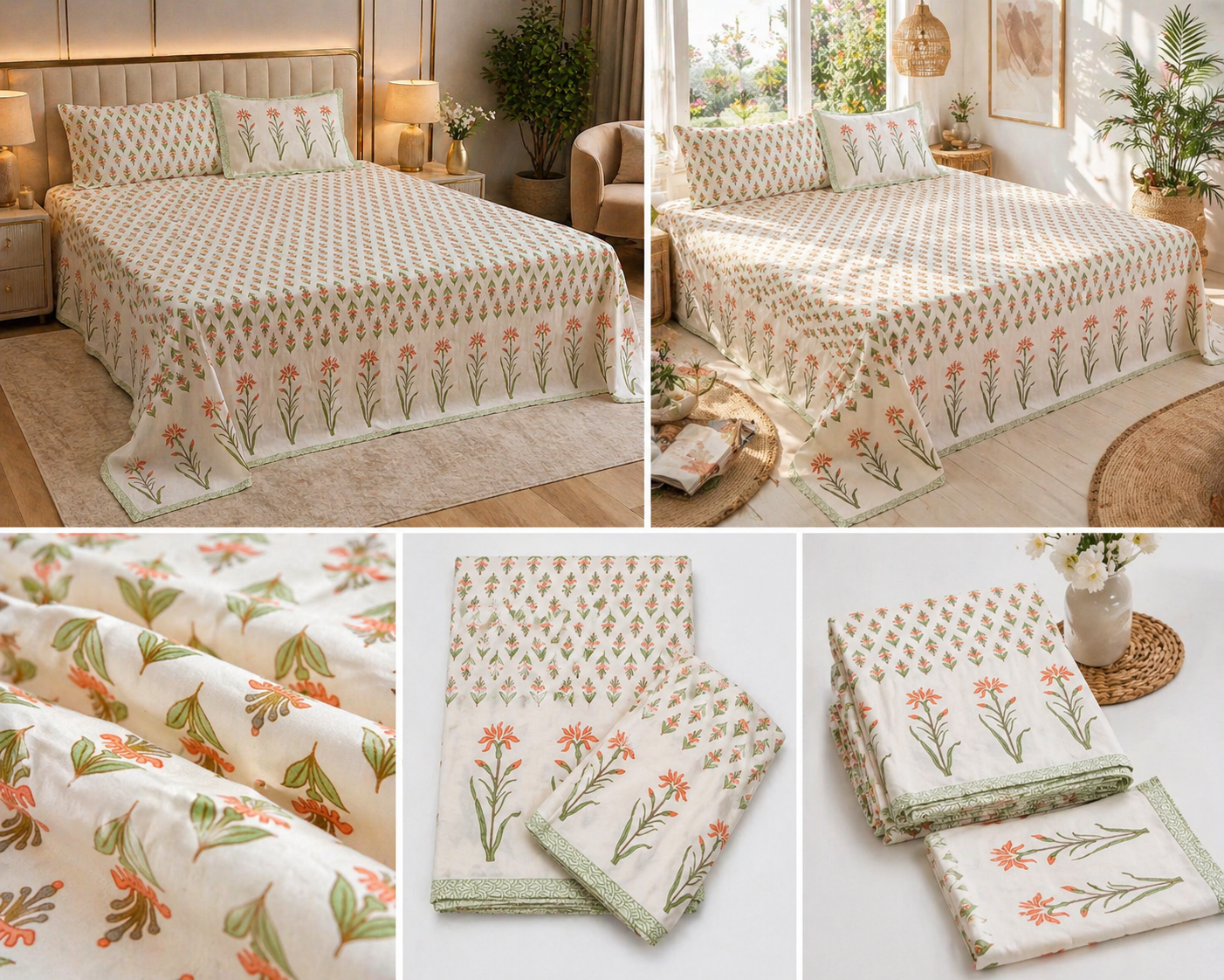 Blush Meadow – Block Print - Super King Size Bedsheet (274 x 274 cm) | 100% Jaipuri Cotton | Includes 2 Pillow Covers