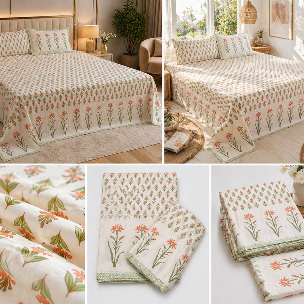 Blush Meadow – Block Print - Super King Size Bedsheet (274 x 274 cm) | 100% Jaipuri Cotton | Includes 2 Pillow Covers