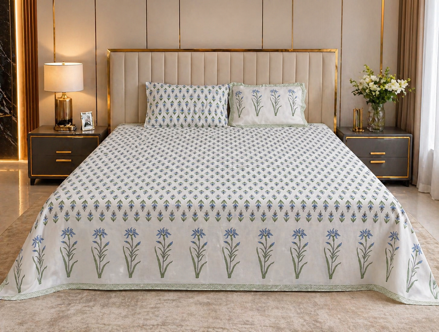 Blue Meadow Bloom – Block Print - Super King Size Bedsheet (274 x 274 cm) | 100% Jaipuri Cotton | Includes 2 Pillow Covers