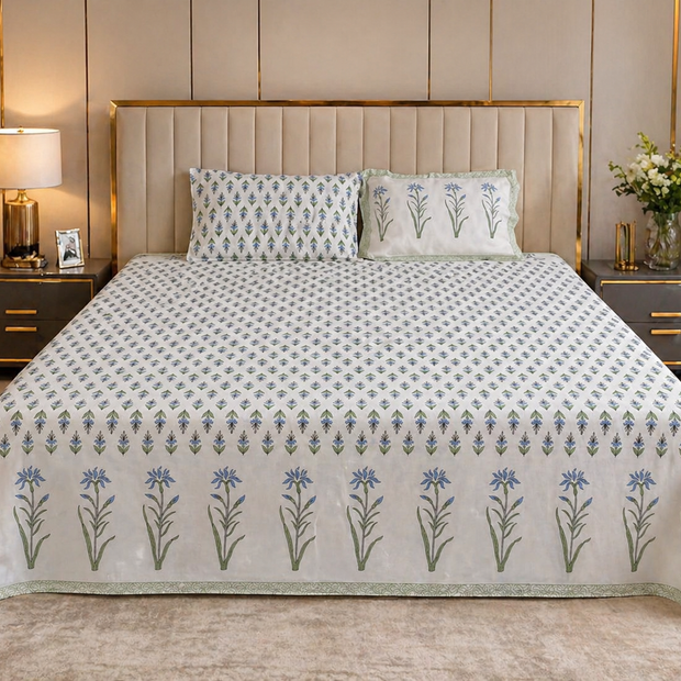 Blue Meadow Bloom – Block Print - Super King Size Bedsheet (274 x 274 cm) | 100% Jaipuri Cotton | Includes 2 Pillow Covers