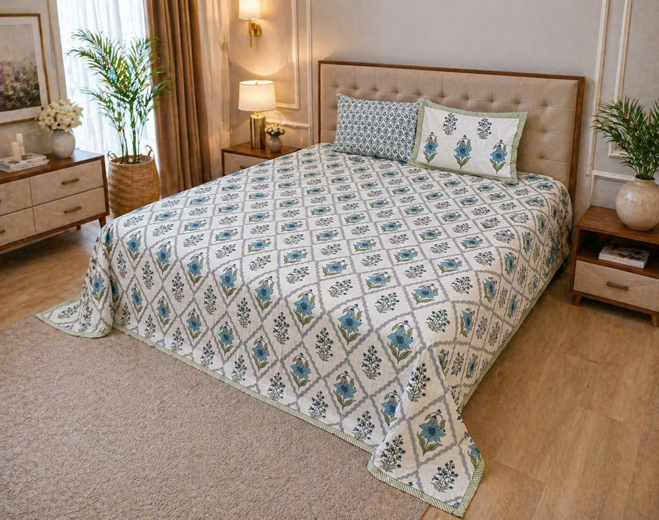 Azure Bloom Block Print – Super King Size Bedsheet (274 x 274 cm) | 100% Jaipuri Cotton | Includes 2 Pillow Covers