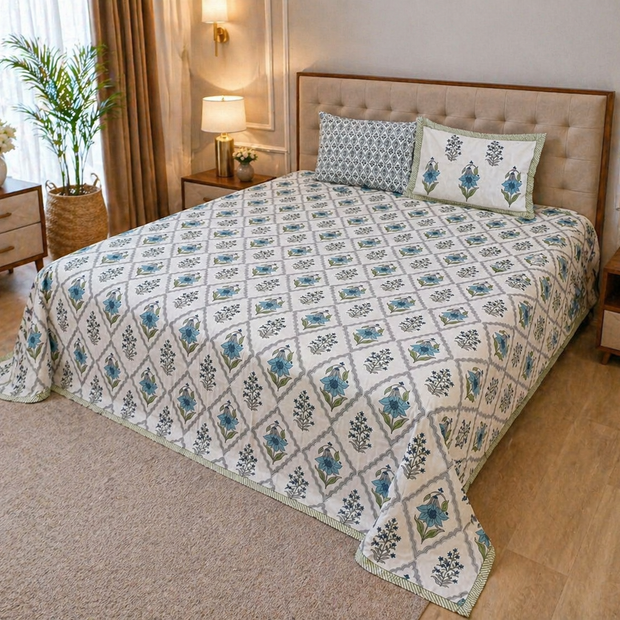 Azure Bloom Block Print – Super King Size Bedsheet (274 x 274 cm) | 100% Jaipuri Cotton | Includes 2 Pillow Covers