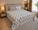 Azure Bloom Block Print – Super King Size Bedsheet (274 x 274 cm) | 100% Jaipuri Cotton | Includes 2 Pillow Covers