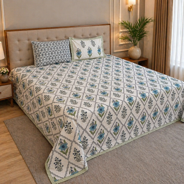 Azure Bloom Block Print – Super King Size Bedsheet (274 x 274 cm) | 100% Jaipuri Cotton | Includes 2 Pillow Covers