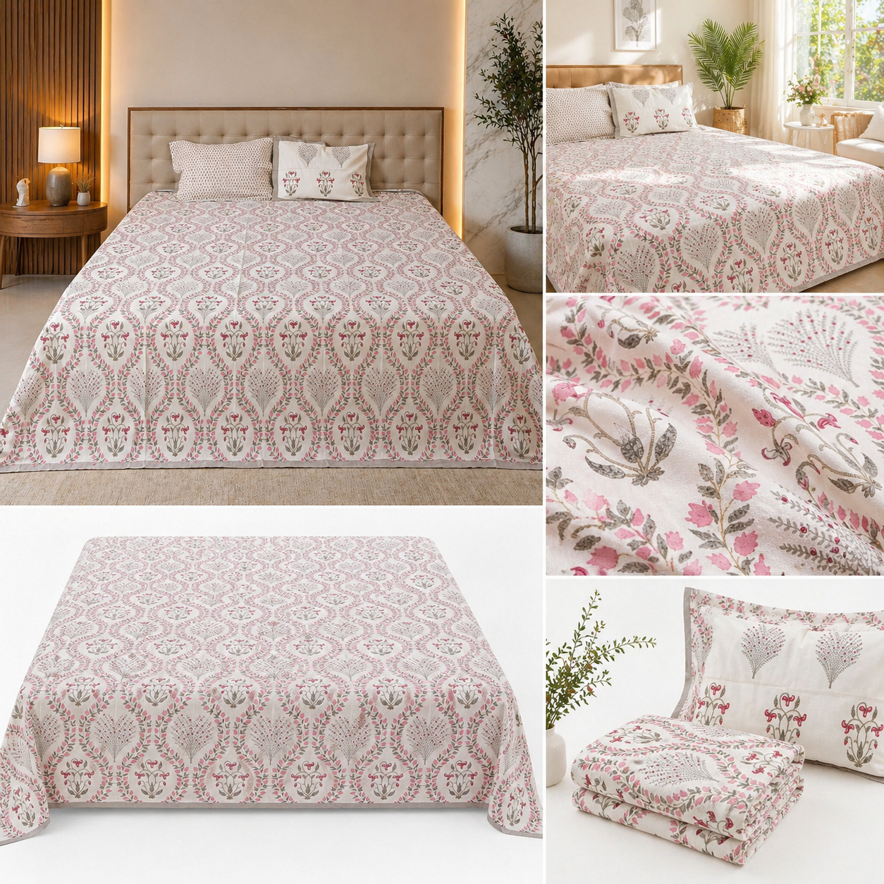 Blush Vine –Block Print - Super King Size Bedsheet (274 x 274 cm) | 100% Jaipuri Cotton | Includes 2 Pillow Covers