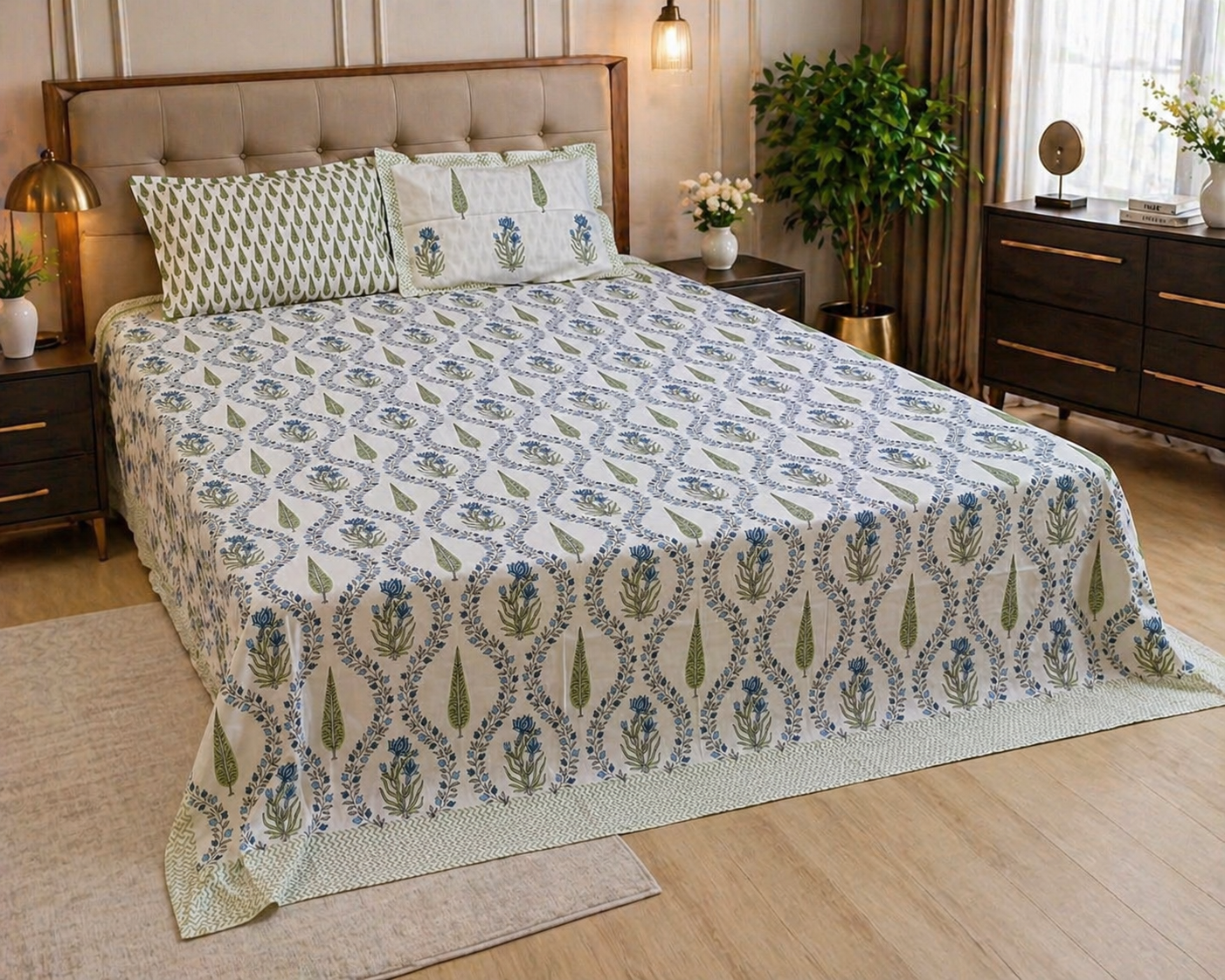 Blue Meadow Vine Block Print – Super King Size Bedsheet (274 x 274 cm) | 100% Jaipuri Cotton | Includes 2 Pillow Covers