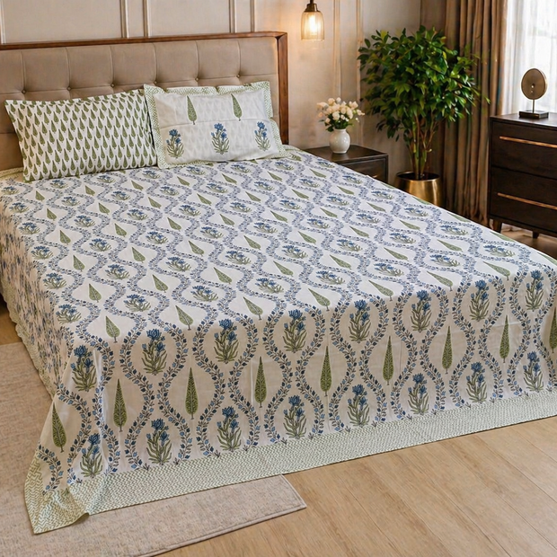 Blue Meadow Vine Block Print – Super King Size Bedsheet (274 x 274 cm) | 100% Jaipuri Cotton | Includes 2 Pillow Covers
