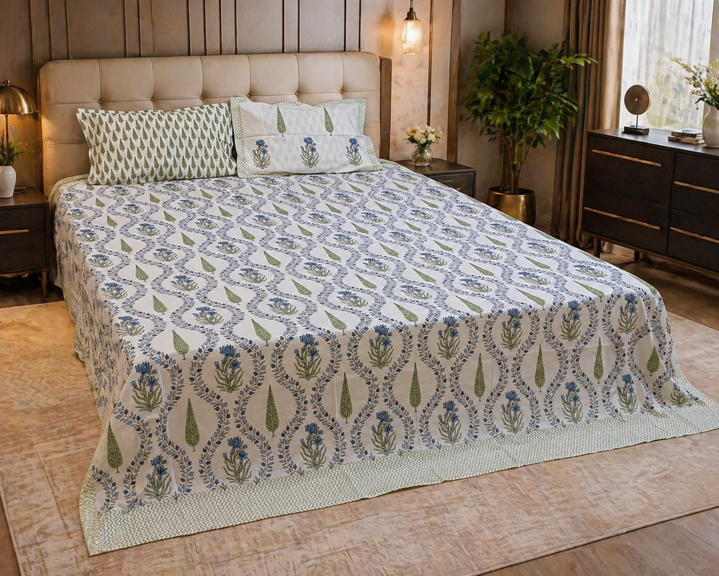 Blue Meadow Vine Block Print – Super King Size Bedsheet (274 x 274 cm) | 100% Jaipuri Cotton | Includes 2 Pillow Covers
