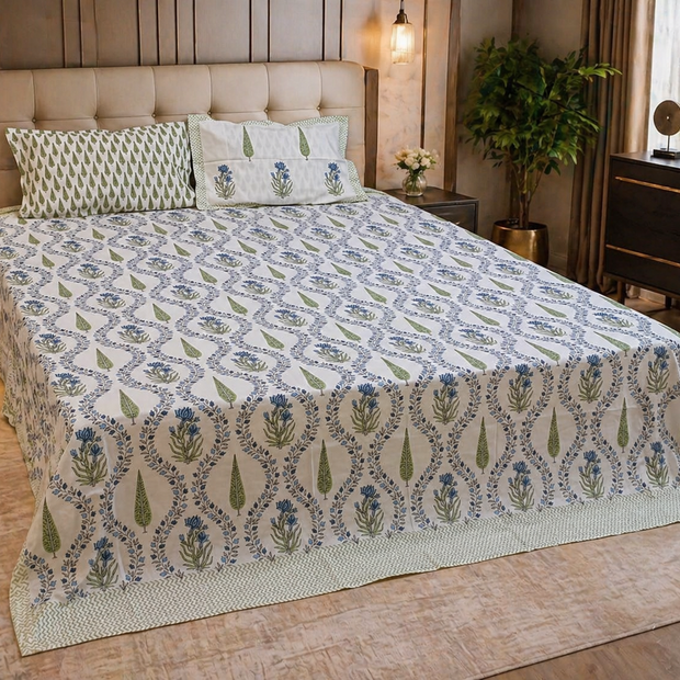 Blue Meadow Vine Block Print – Super King Size Bedsheet (274 x 274 cm) | 100% Jaipuri Cotton | Includes 2 Pillow Covers