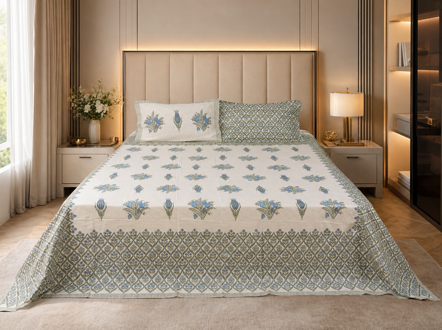 Sapphire Garden Block Print – Super King Size Bedsheet (274 x 274 cm) | 100% Jaipuri Cotton | Includes 2 Pillow Covers