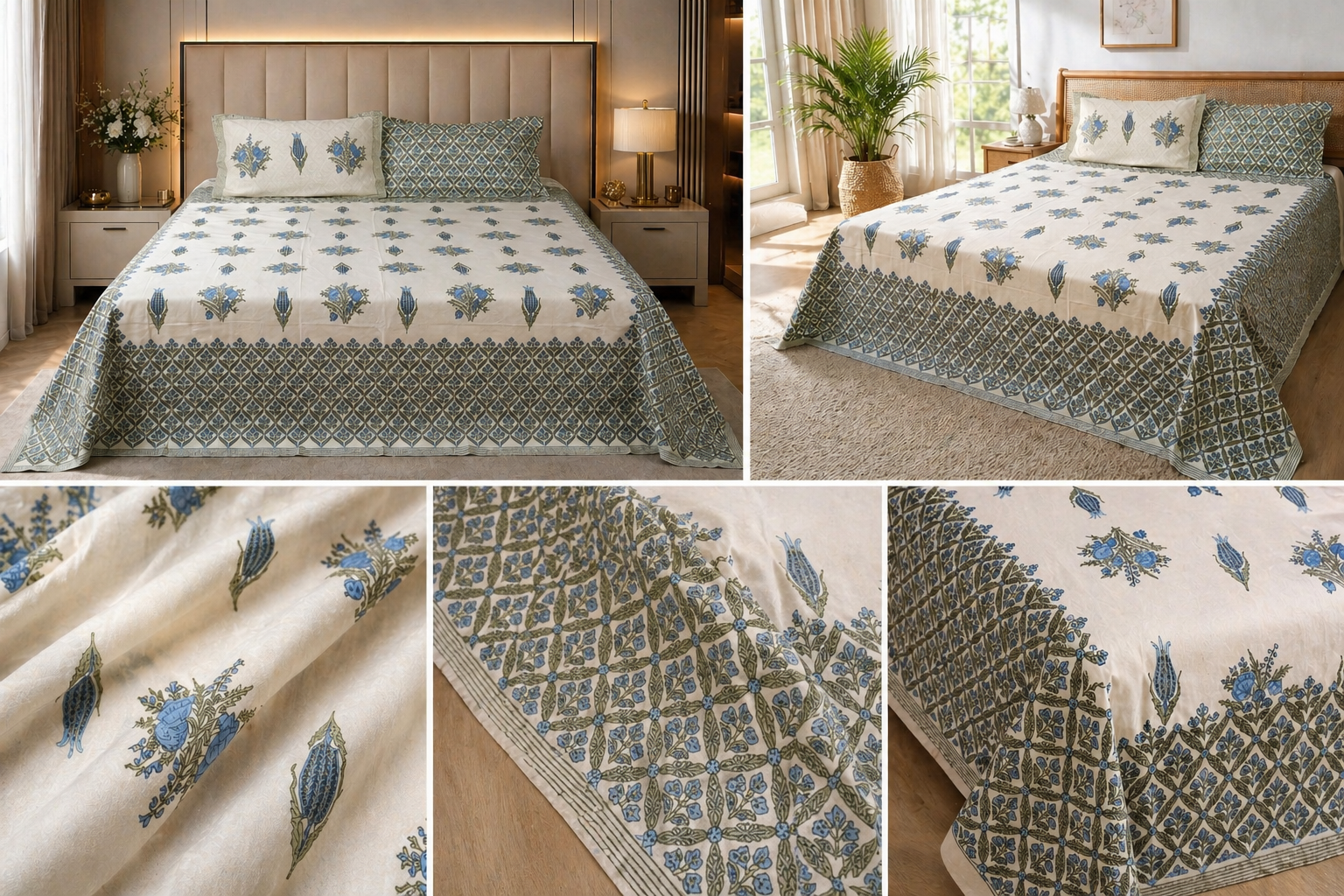 Sapphire Garden Block Print – Super King Size Bedsheet (274 x 274 cm) | 100% Jaipuri Cotton | Includes 2 Pillow Covers