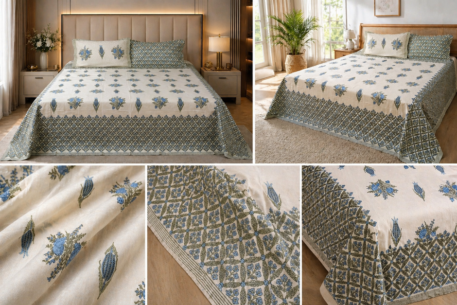 Sapphire Garden Block Print – Super King Size Bedsheet (274 x 274 cm) | 100% Jaipuri Cotton | Includes 2 Pillow Covers
