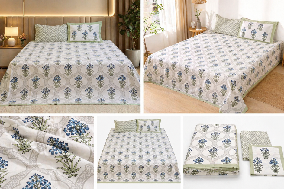 Indigo Lattice Bloom Block Print – Super King Size Bedsheet (274 x 274 cm) | 100% Jaipuri Cotton | Includes 2 Pillow Covers