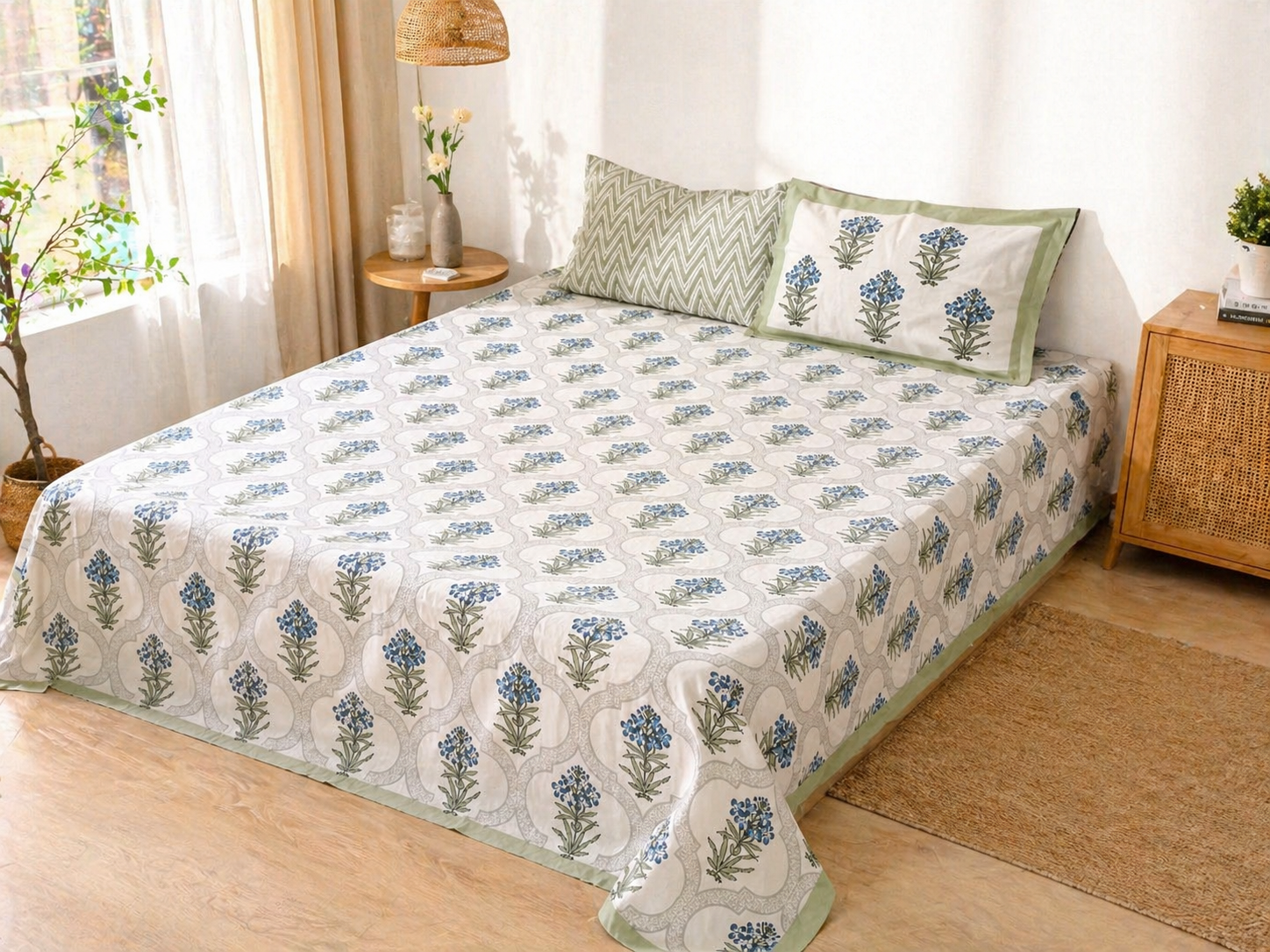 Indigo Lattice Bloom Block Print – Super King Size Bedsheet (274 x 274 cm) | 100% Jaipuri Cotton | Includes 2 Pillow Covers