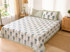 Indigo Lattice Bloom Block Print – Super King Size Bedsheet (274 x 274 cm) | 100% Jaipuri Cotton | Includes 2 Pillow Covers
