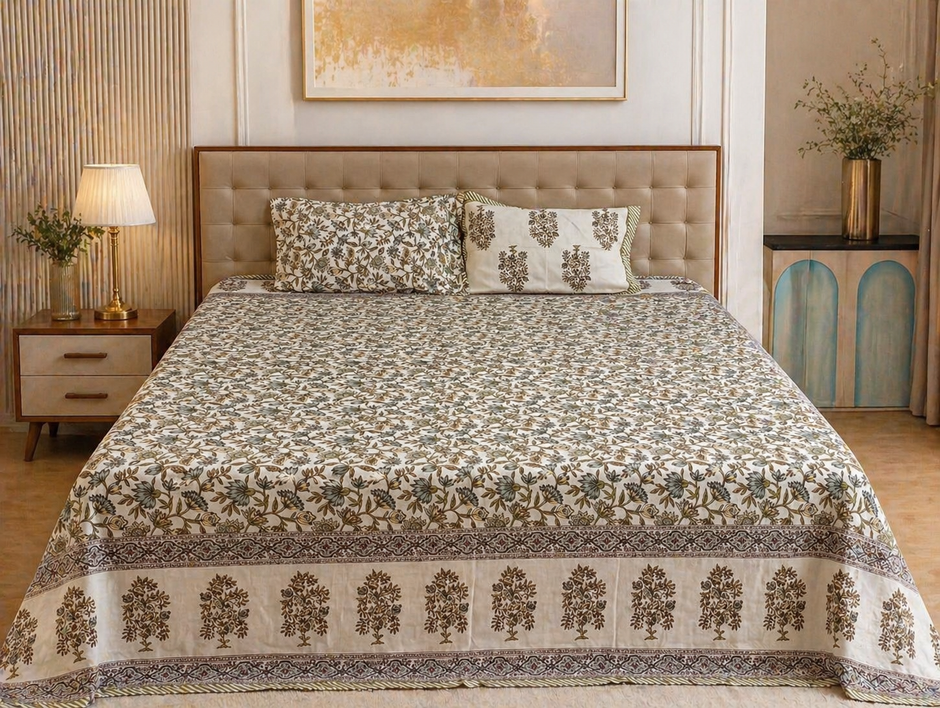 Elegant Floral Block Print – Super King Size Bedsheet (274 x 274 cm) | 100% Jaipuri Cotton | Includes 2 Pillow Covers