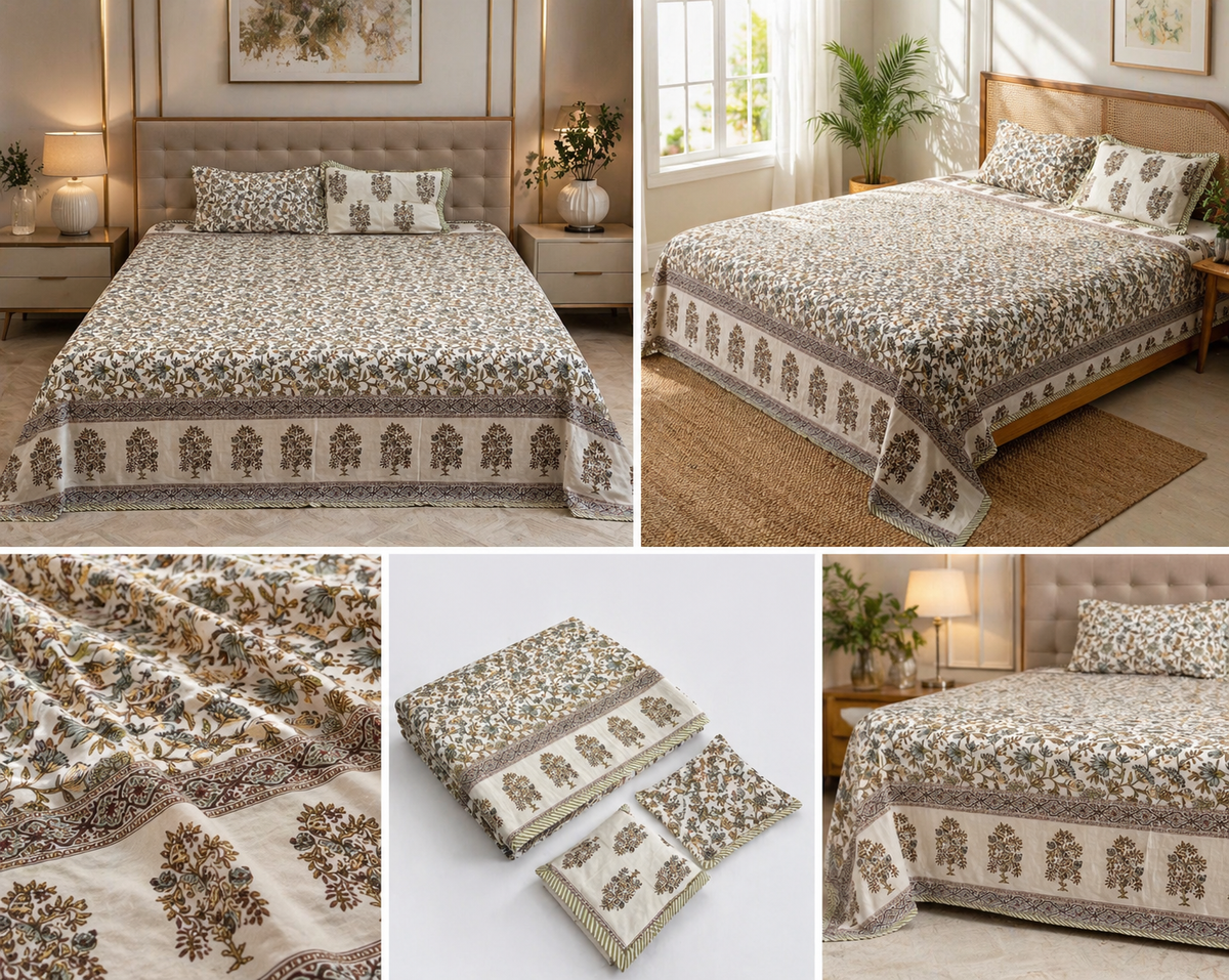 Elegant Floral Block Print – Super King Size Bedsheet (274 x 274 cm) | 100% Jaipuri Cotton | Includes 2 Pillow Covers