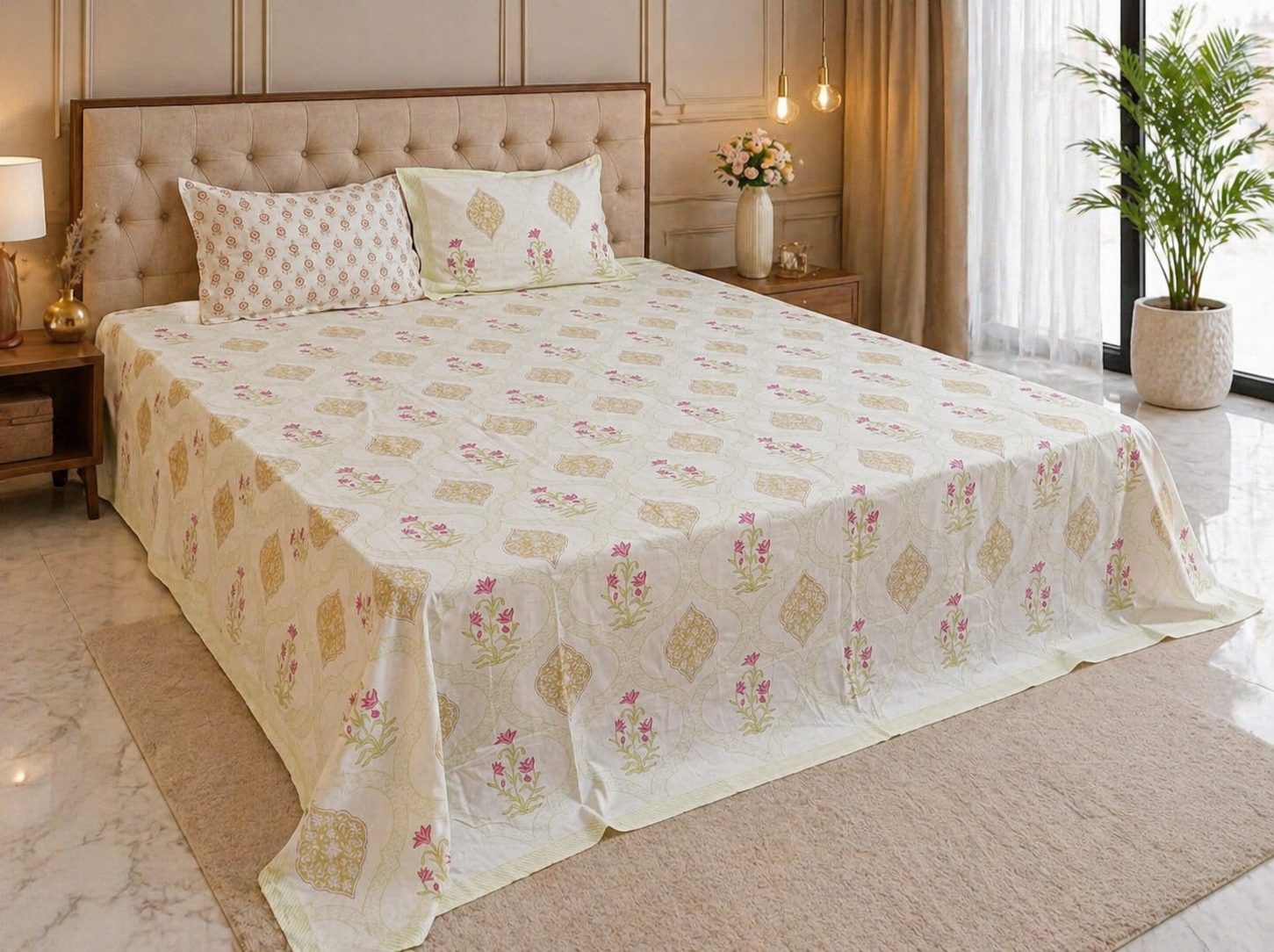 Elegant Floral Harmony – Block Print - Super King Size Bedsheet (274 x 274 cm) | 100% Jaipuri Cotton | Includes 2 Pillow Covers